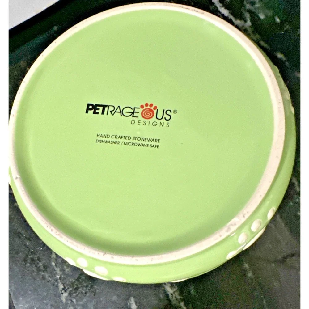 Petrageous Handcrafted Stoneware Pet Food Water Bowl Dish Lime Green Paw Prints